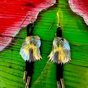 Vintage Silver Eagle & Leather Earrings